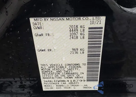 2021 Nissan Altima Platinum Intelligent Awd z USA, uszkodzony, nr VIN 1N4BL4FW0MN418799